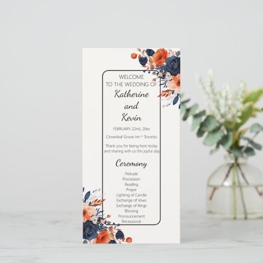 Elegantes Hochzeitsprogramm für Marineblau (Stehend Vorderseite)