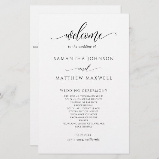 Elegantes Hochzeitsprogramm für moderne Kalligrafi (Vorne/Hinten)