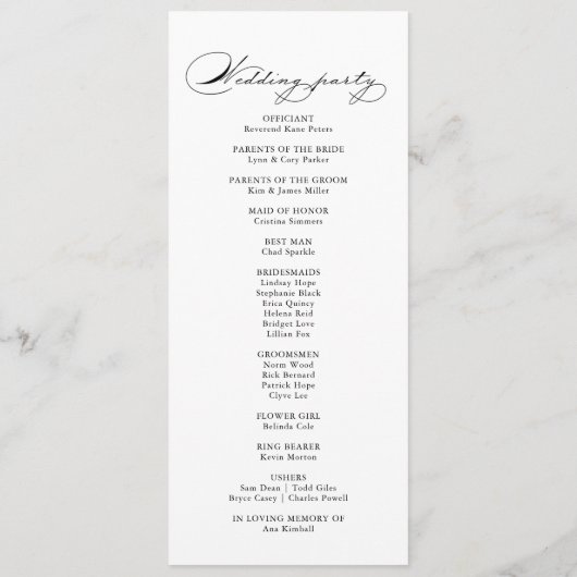 Elegantes Hochzeitsprogramm für moderne Kalligrafi Programm (Rückseite)