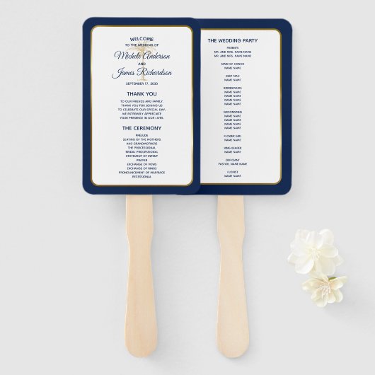 Elegantes Hochzeitsprogramm für Navy Blue Gold Pal Fächer (Vorne und Hinten)