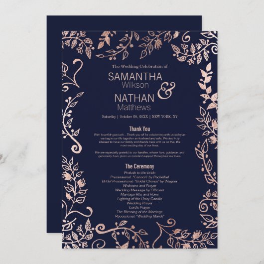 Elegantes Hochzeitsprogramm für Navy Blue Rose Gol Programm (Vorne/Hinten)