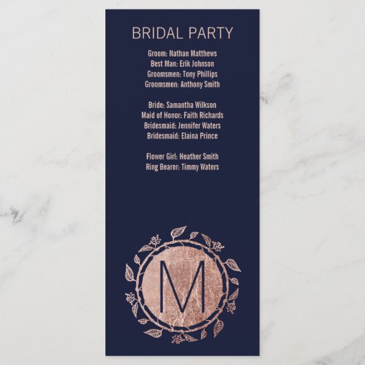 Elegantes Hochzeitsprogramm für Navy Blue Rose Gol Programm (Rückseite)