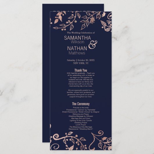 Elegantes Hochzeitsprogramm für Navy Blue Rose Gol Programm (Vorne/Hinten)