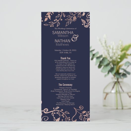 Elegantes Hochzeitsprogramm für Navy Blue Rose Gol Programm (Stehend Vorderseite)