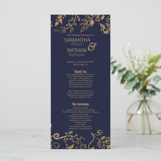 Elegantes Hochzeitsprogramm für Navy Blue und Gold Programm (Stehend Vorderseite)