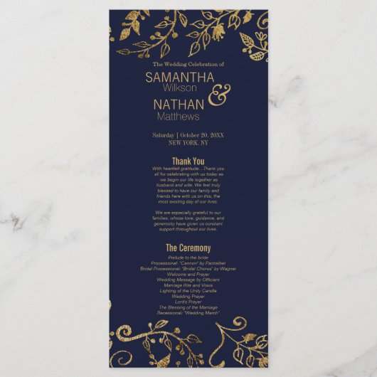 Elegantes Hochzeitsprogramm für Navy Blue und Gold Programm (Vorderseite)