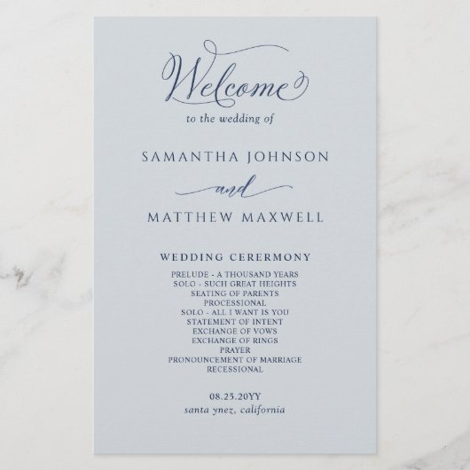 Elegantes Hochzeitsprogramm für Navy Blue und Silv (Vorderseite)