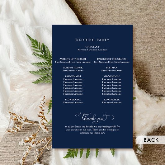 Elegantes Hochzeitsprogramm für Navy Blue und Whit