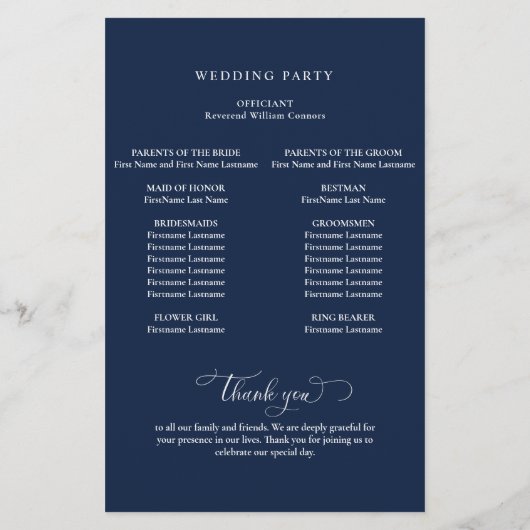 Elegantes Hochzeitsprogramm für Navy Blue und Whit (Rückseite)