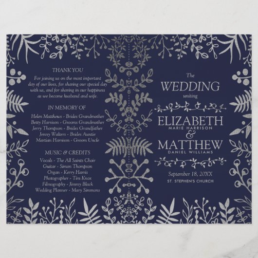 Elegantes Hochzeitsprogramm für Navy und Silver Fl (Vorderseite)