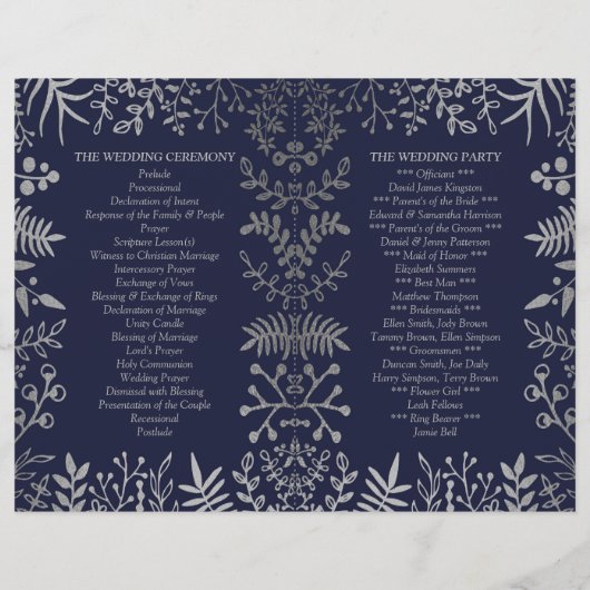 Elegantes Hochzeitsprogramm für Navy und Silver Fl (Rückseite)