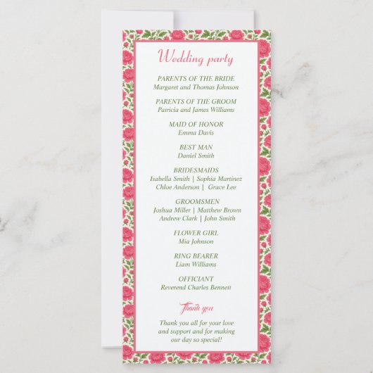 Elegantes Hochzeitsprogramm für Pink Peony Floral (Rückseite)