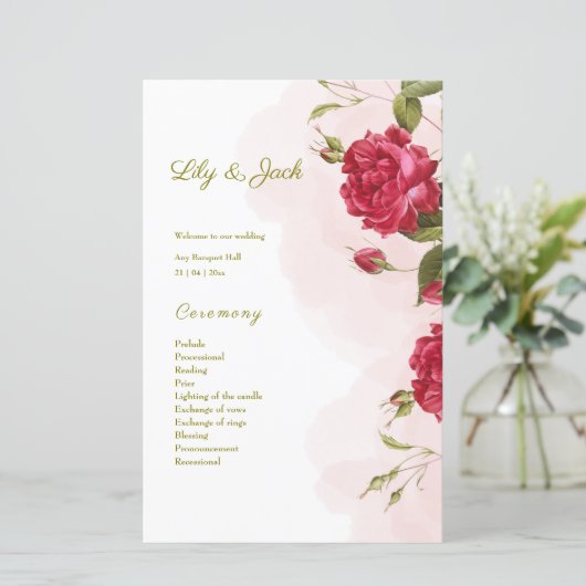 Elegantes Hochzeitsprogramm für Rose (Stehend Vorderseite)