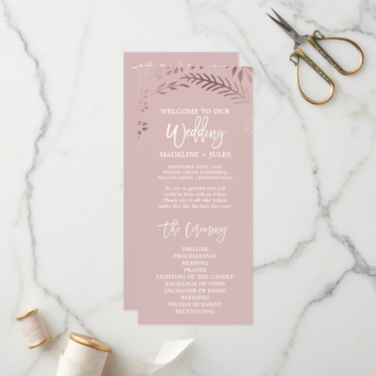 Elegantes Hochzeitsprogramm für Rose Gold und Rosa Programm (Vorderseite/Rückseite Beispiel)