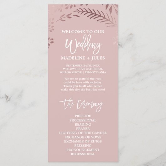 Elegantes Hochzeitsprogramm für Rose Gold und Rosa Programm (Vorderseite)