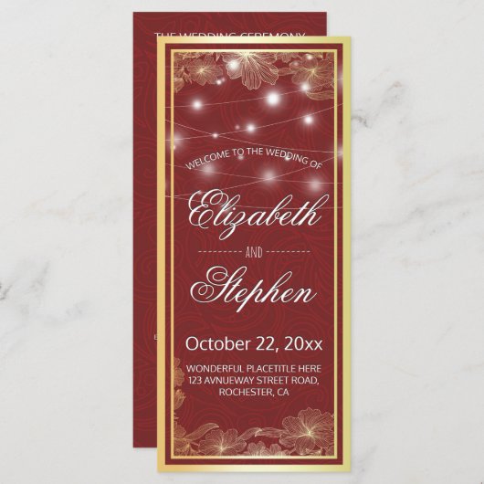 Elegantes Hochzeitsprogramm für Rote und Goldflora Programm (Vorne/Hinten)