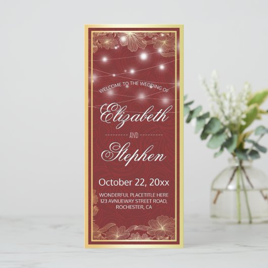 Elegantes Hochzeitsprogramm für Rote und Goldflora Programm (Stehend Vorderseite)