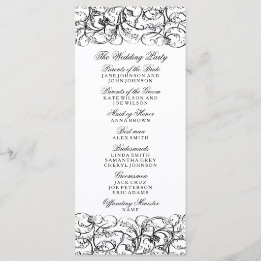 Elegantes Hochzeitsprogramm für Schwarz-Weiß-Wirbe Programm (Rückseite)