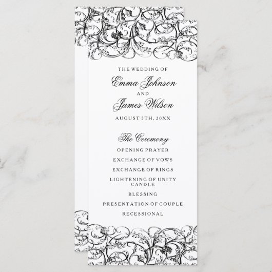 Elegantes Hochzeitsprogramm für Schwarz-Weiß-Wirbe Programm (Vorne/Hinten)