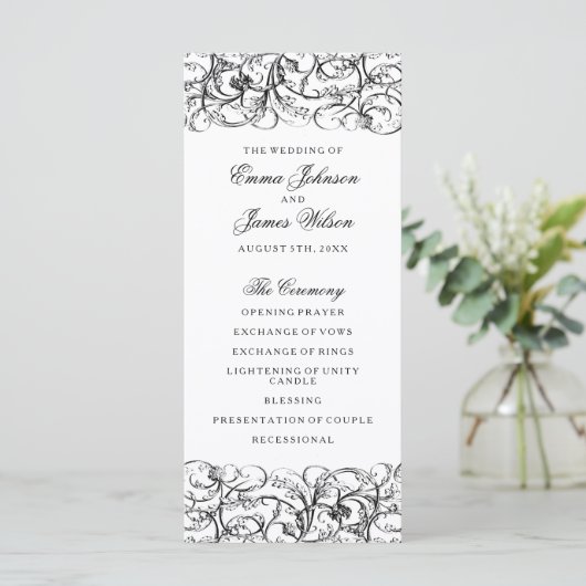 Elegantes Hochzeitsprogramm für Schwarz-Weiß-Wirbe Programm (Stehend Vorderseite)