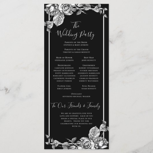 Elegantes Hochzeitsprogramm für Schwarz-weiße Flor Programm (Rückseite)