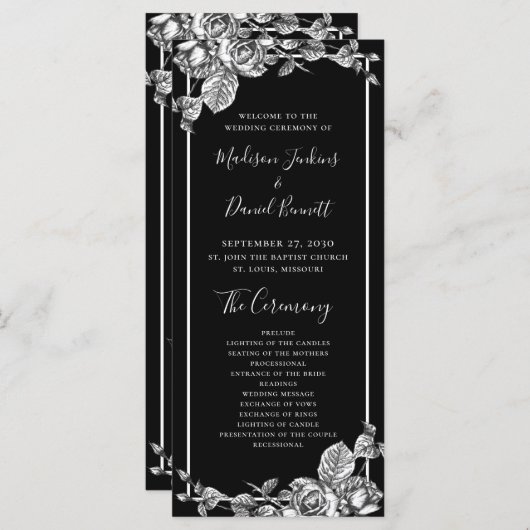 Elegantes Hochzeitsprogramm für Schwarz-weiße Flor Programm (Vorne/Hinten)