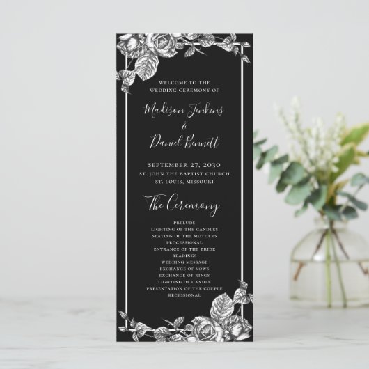 Elegantes Hochzeitsprogramm für Schwarz-weiße Flor Programm (Stehend Vorderseite)