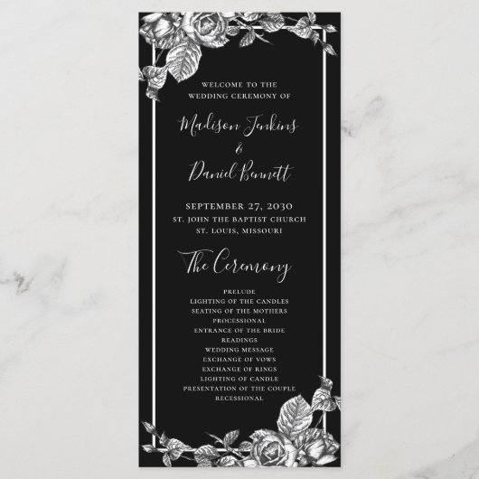 Elegantes Hochzeitsprogramm für Schwarz-weiße Flor Programm (Vorderseite)