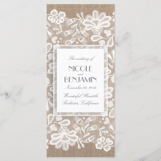 Elegantes Hochzeitsprogramm für Spitzen und Burlap Programm (Vorderseite)