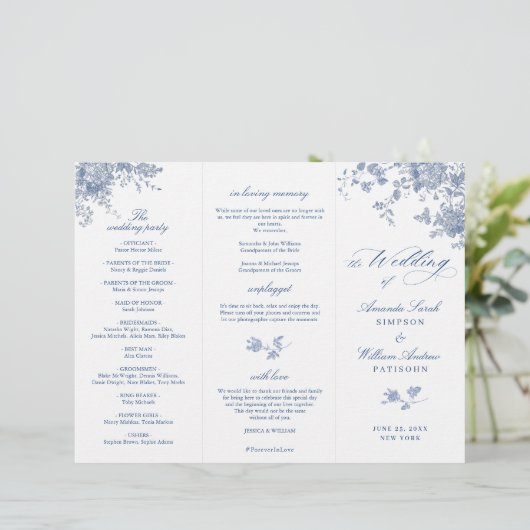 Elegantes Hochzeitsprogramm für Viktorianische Blu (Stehend Vorderseite)