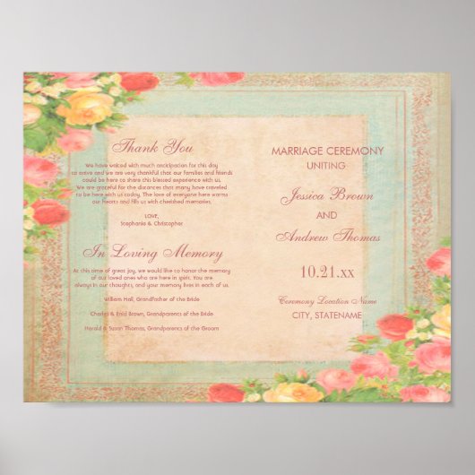 Elegantes Hochzeitsprogramm für Vintage Rose Poster (Vorne)