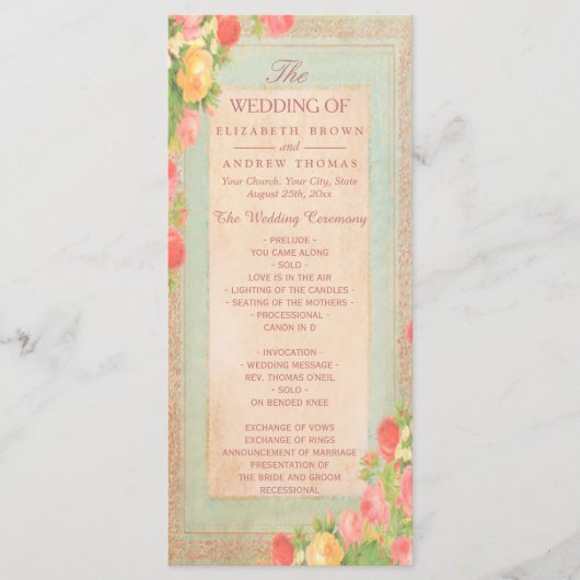 Elegantes Hochzeitsprogramm für Vintage Rose Programm (Vorderseite)