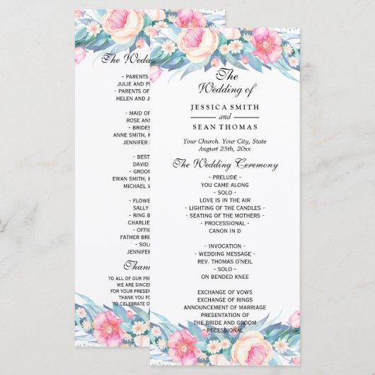 Elegantes Hochzeitsprogramm für Wasserfarben Programm (Vorne/Hinten)