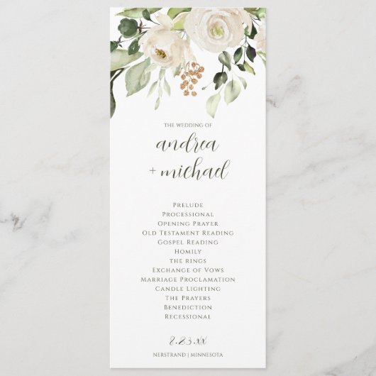 Elegantes Hochzeitsprogramm Grün Weiß Floral Programm (Vorderseite)