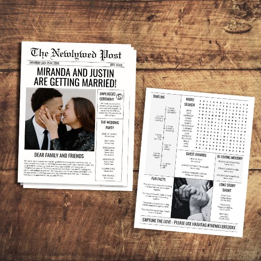 Elegantes Hochzeitsprogramm im Zeitungsstil