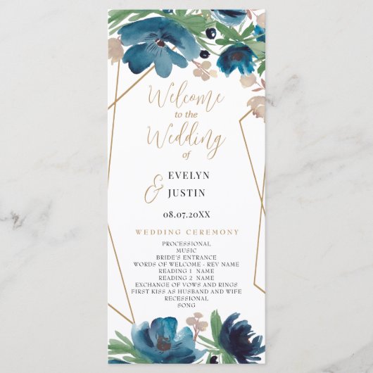 Elegantes Hochzeitsprogramm in blauem Gold Programm (Vorderseite)