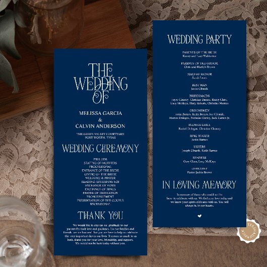 Elegantes Hochzeitsprogramm in mariner Typografie Programm
