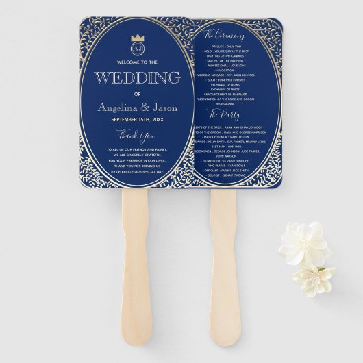 Elegantes Hochzeitsprogramm in Navyblau Fächer (Vorne und Hinten)