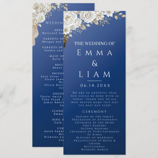 Elegantes Hochzeitsprogramm in Navyblau, Gold und Programm (Vorne/Hinten)