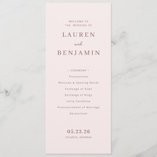 Elegantes Hochzeitsprogramm in Rosa Programm (Vorderseite)