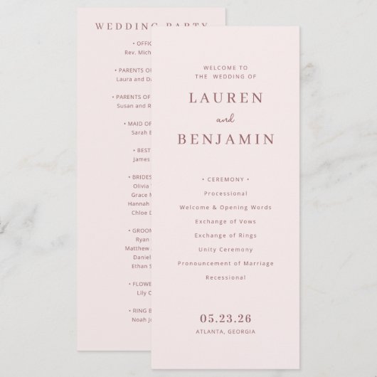 Elegantes Hochzeitsprogramm in Rosa Programm (Vorne/Hinten)