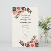 Elegantes Hochzeitsprogramm in Rosa und rote Rosen (Stehend Vorderseite)