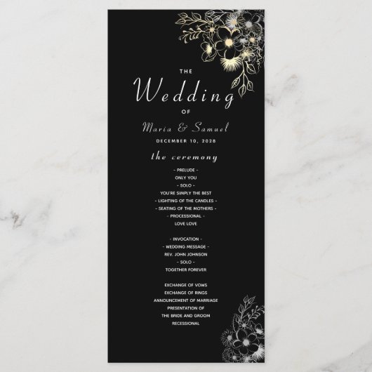 Elegantes Hochzeitsprogramm in Schwarz und Gold Programm (Vorderseite)