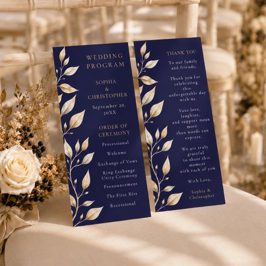 Elegantes Hochzeitsprogramm mit botanischer Navy-U