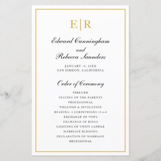 Elegantes Hochzeitsprogramm mit Goldmonogramm (Vorderseite)