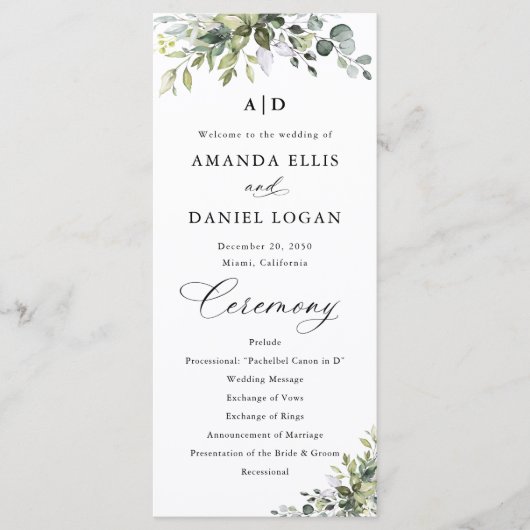 Elegantes Hochzeitsprogramm mit Grün Programm (Vorderseite)