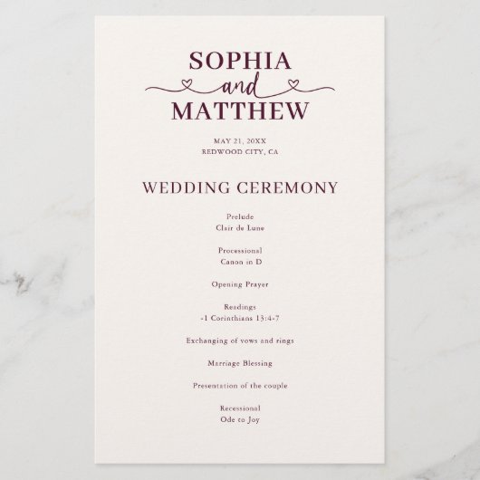 Elegantes Hochzeitsprogramm mit Herzschrift (Vorderseite)
