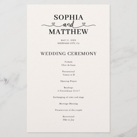 Elegantes Hochzeitsprogramm mit Herzschrift (Vorderseite)