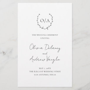 Elegantes Hochzeitsprogramm mit Monogramm-Kranz zu