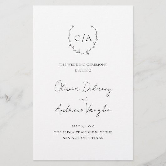 Elegantes Hochzeitsprogramm mit Monogramm-Kranz zu (Vorne)